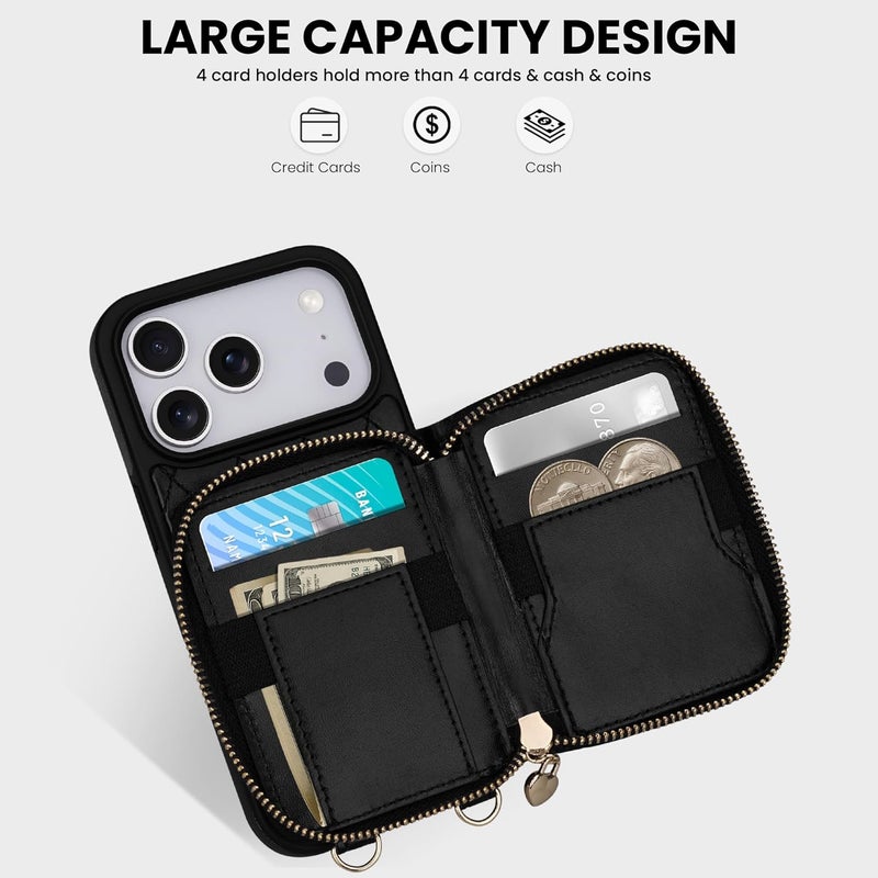 Keallce Case for iPhone 17 Pro 6.3'' Wallet Case, Crossbody Zipper Purse with Wrist Strap Handbag, RFID Blocking Card Holders, Lanyard Kickstand Flip Leather Phone Cover for iPhone 17 Pro, Black - Image 2